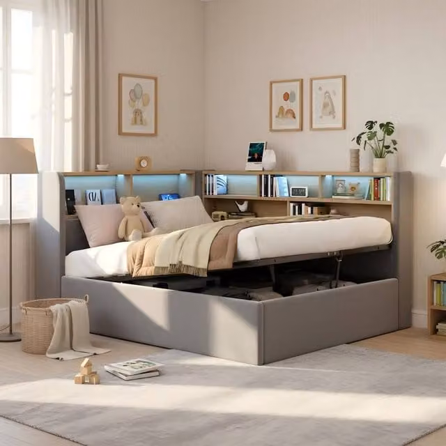 Merax 3FT Single Corner Ottoman Bed in Grey Velvet with LED Headboard, USB Charging Ports and Bedside Shelf, W/D/H: 90 x 190 x 110 cm – 1