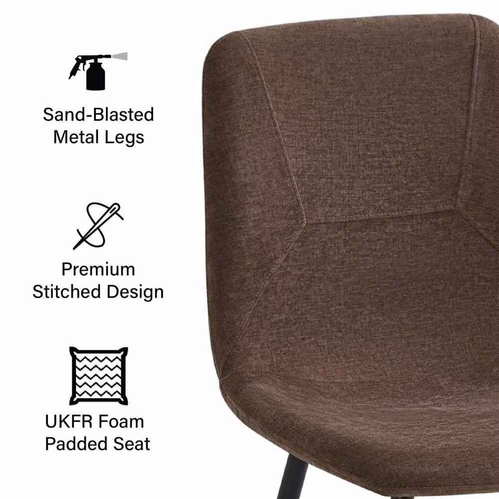 FWStyle Evie Set of 2 Brown Linen Upholstered Dining Chairs with Black Metal Legs – 3