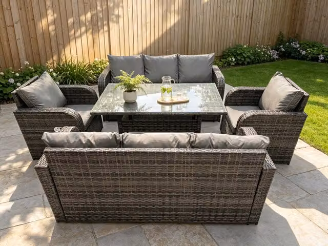 Fimous 8 Seat PE Rattan Garden Furniture Set with Reclining Sofa and Glass Table in Dark Grey