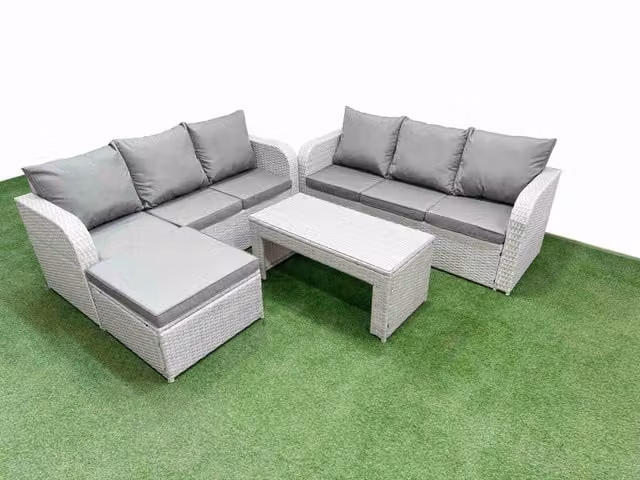 Fimous 7 Seater Wicker Rattan Garden Furniture Set in Light Grey with Oblong Coffee Table and Ottoman