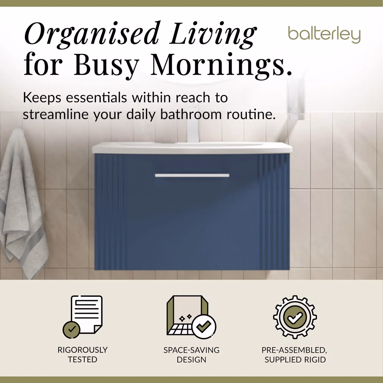 Balterley Wall Hung 1 Drawer Vanity Unit with Curved Ceramic Basin, Satin Blue, Width: 60 cm – 2