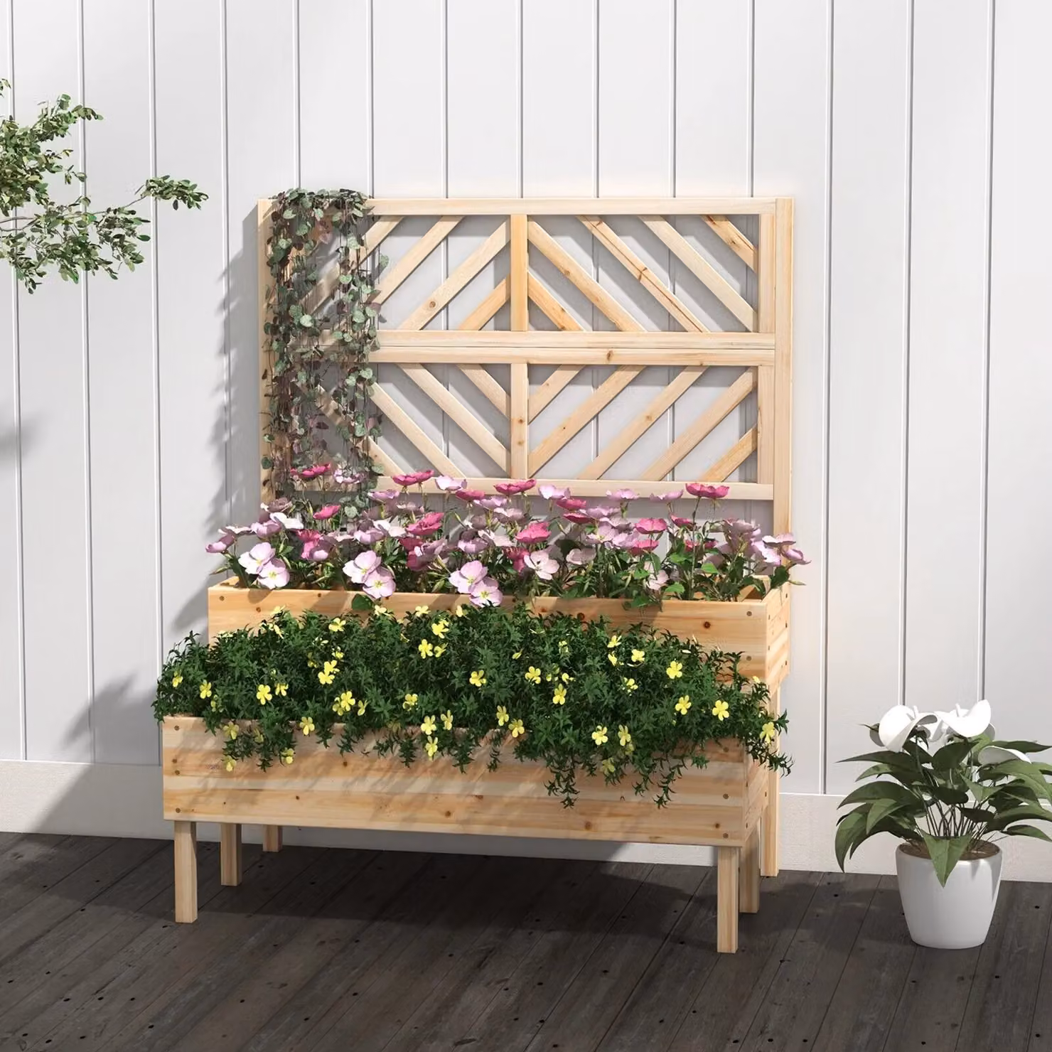 Costway 2-Tier Raised Wood Garden Bed with Trellis and Legs in Sand/Brown – 4