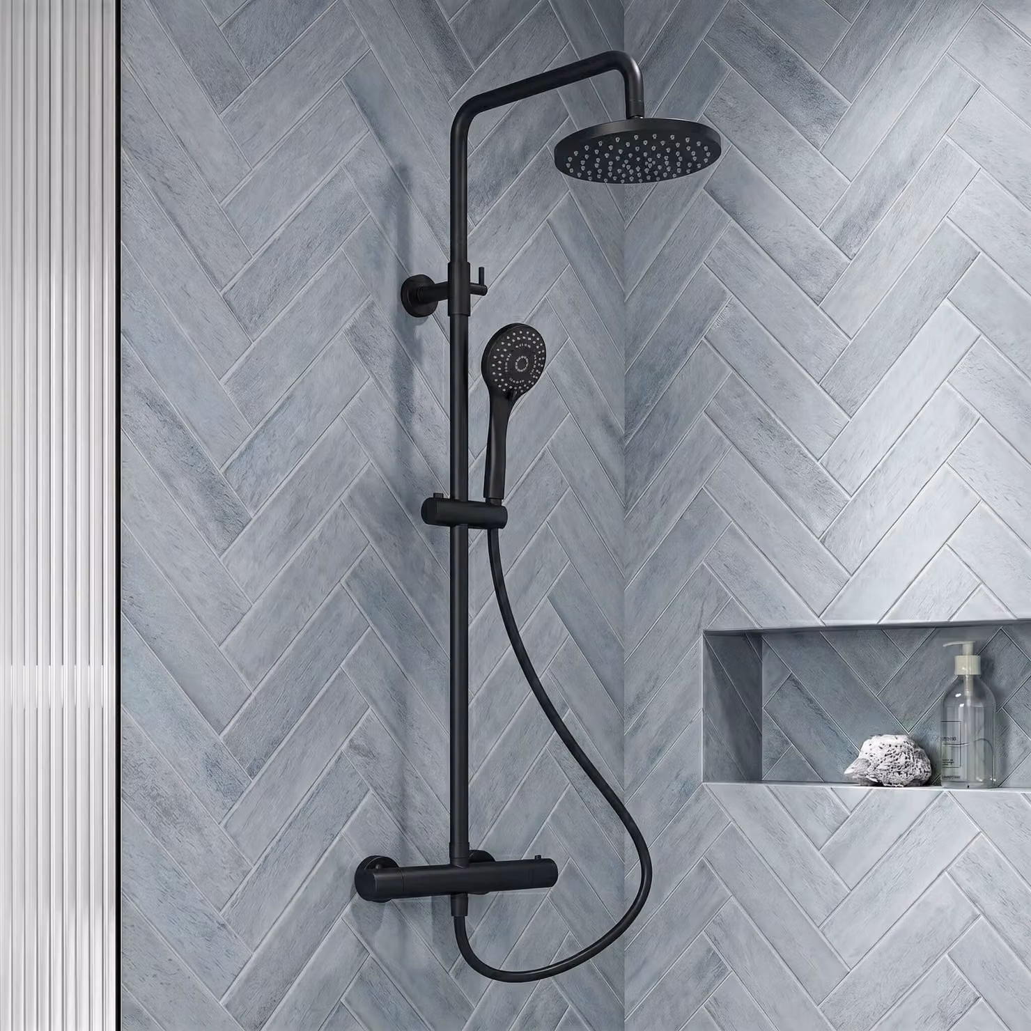 Balterley Pride Matt Black Exposed Round Shower Kit with Fixed Overhead Shower, Adjustable Handset and Thermostat – 6