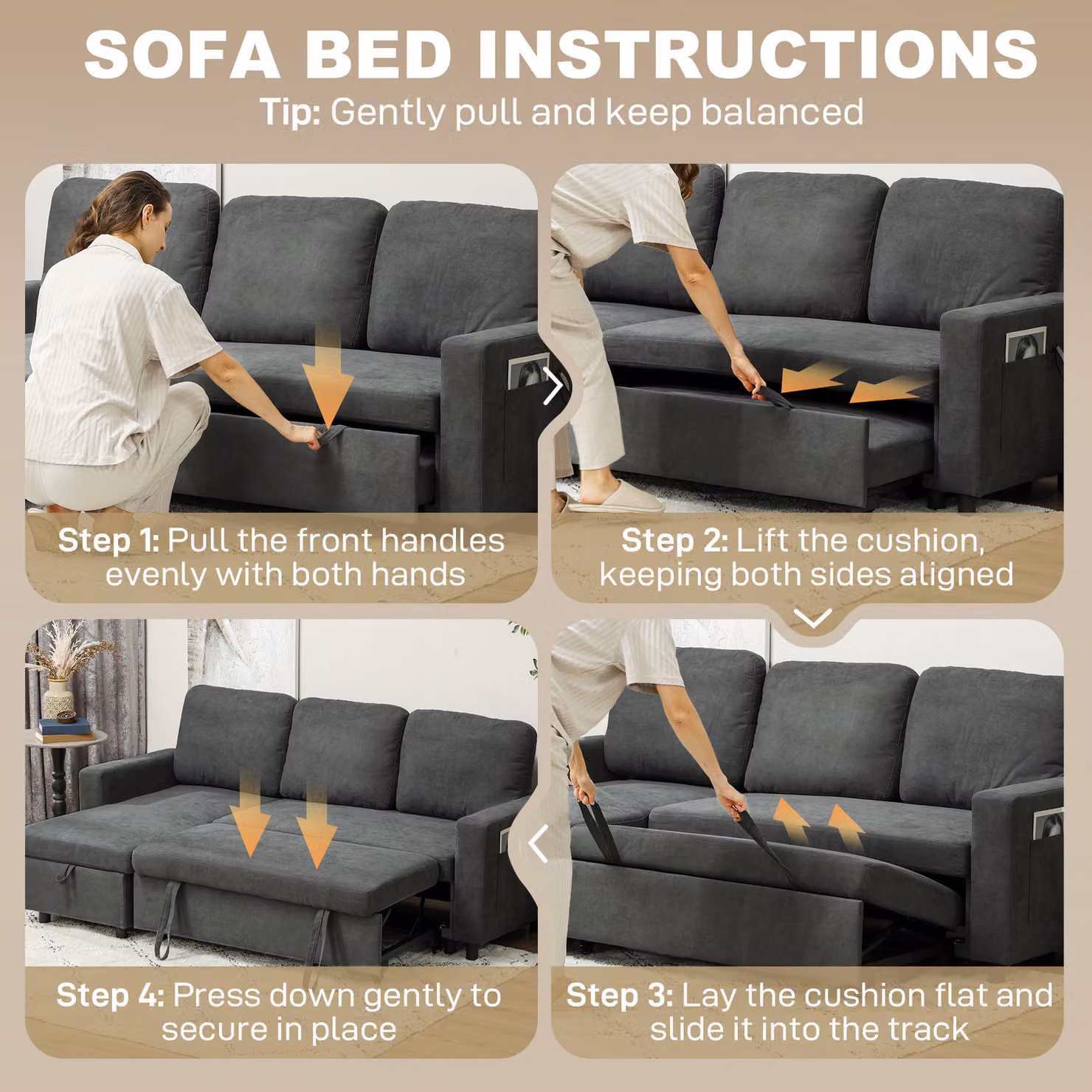 HOMCOM 3 Seater Pull Out Sofa Bed with Reversible Chaise, Storage and Side Pockets, Charcoal Grey Linen-look Upholstery – 6