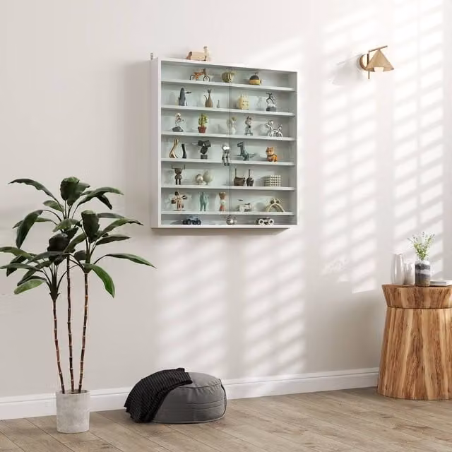 HOMCOM 7-Tier Wall Mounted Display Cabinet with Glass Doors and Adjustable Shelves in White – 1