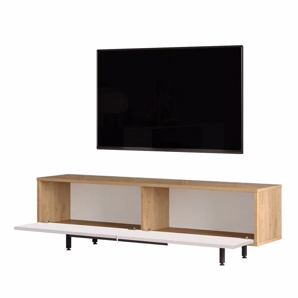 CALICOSY NAYA TV Stand with 2 Drop-down Doors, Oak and White Effect, W: 160 cm, H: 45.1 cm, D: 35.5 cm – 3
