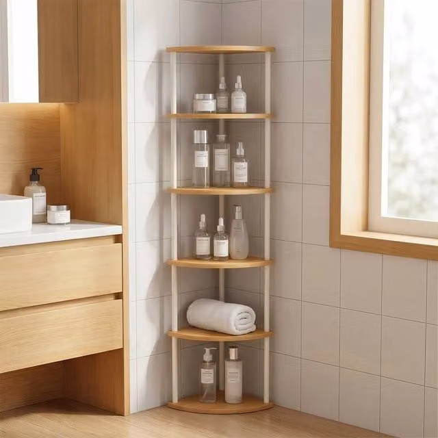 EONLION 6 Tier Vertical Wooden Corner Shelf Rack in Brown, Height: 100 cm