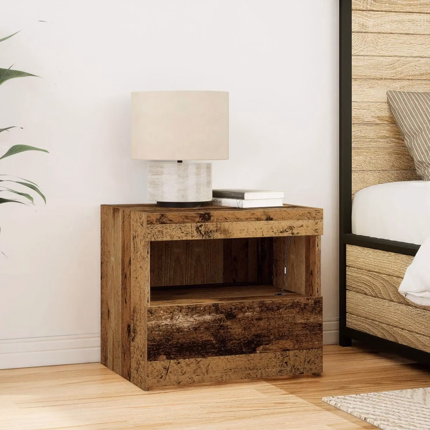 Berkfield Home Set of 2 Rustic Brown Wood Bedside Cabinets with Integrated LED Lighting, W/D/H: 50 x 40 x 45 cm – 3