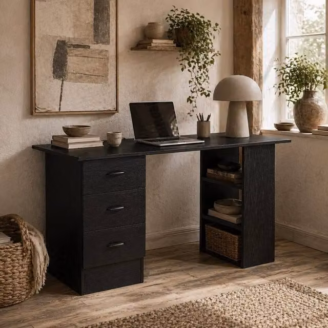 Wyld Haus Malilu Black Computer Desk with 3 Drawers and 3 Shelves, Width: 120 cm