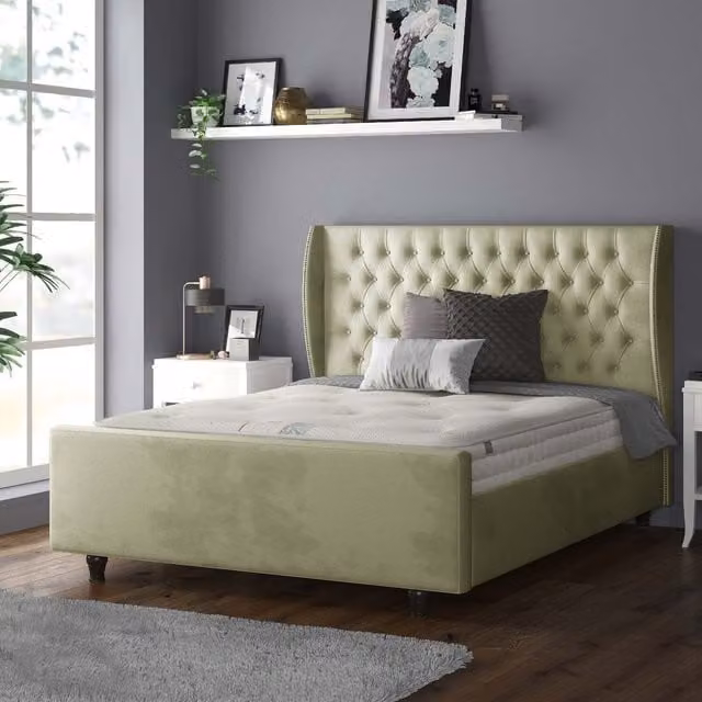 IH Design Aurora Chesterfield Wing Plush Velvet Bed Frame in Light Green, Single