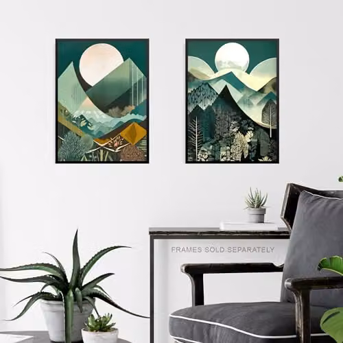 Artery8 Set of 3 A4 Geometric Forest and Mountain Landscape Boho Art Deco Paper Poster Prints in Tan, Petrol and Green – 5