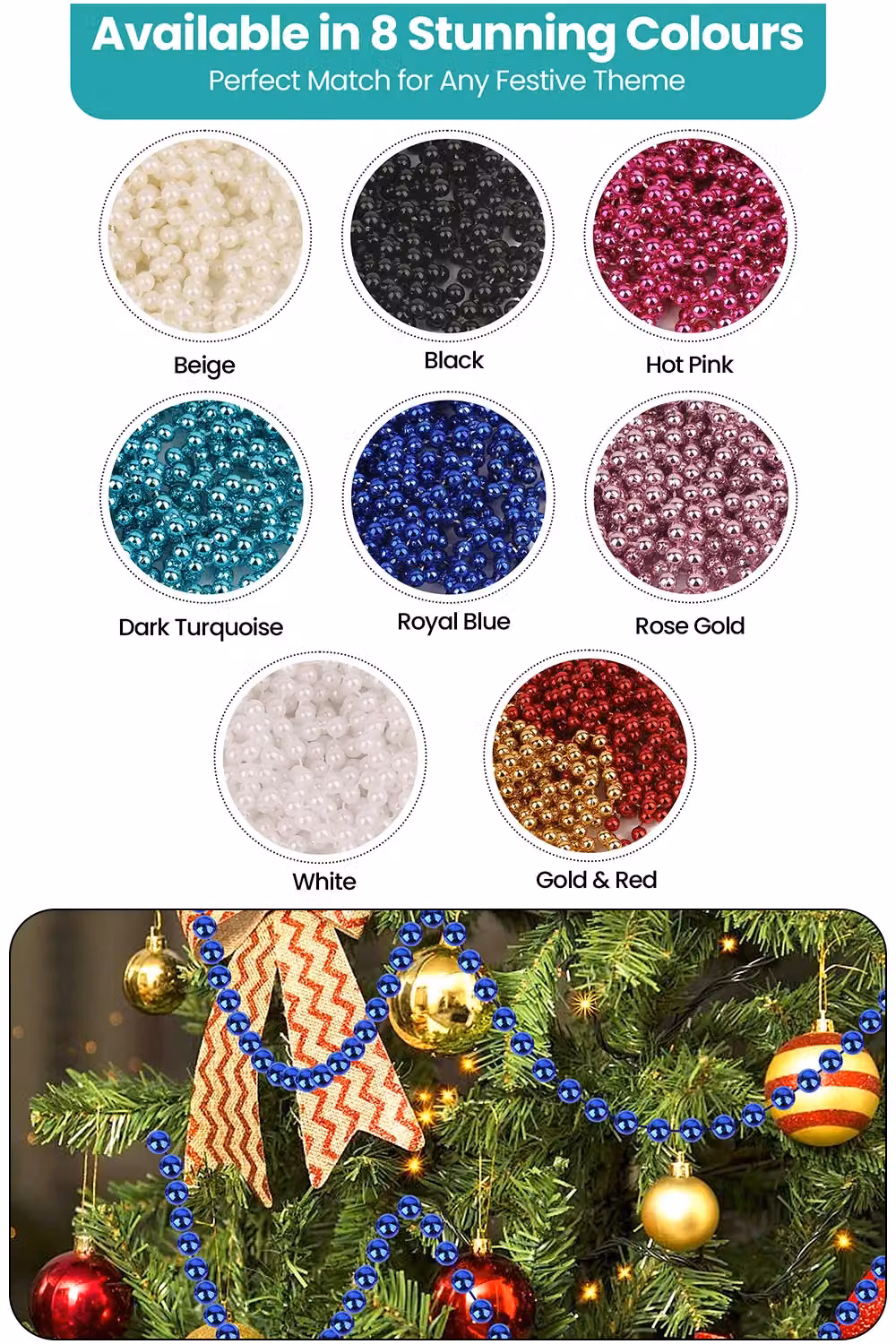 Neel Blue 9m Metallic Christmas Bead Chain with 7.5mm Shiny Pearl Garland in Royal Blue – 4