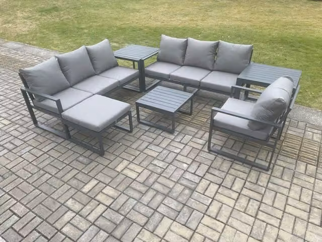 Fimous 8 Seater Aluminium Outdoor Garden Furniture Set in Dark Grey with Lounge Sofa, Coffee Table, Ottoman and Side Tables
