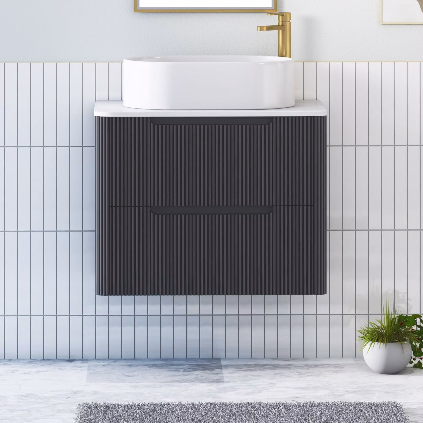Royal Bathrooms Avenza Wall Hung Vanity Unit with 2 Drawers, Matt Obsidian Black and Plain White Worktop with Peak Basin, Width: 70 cm