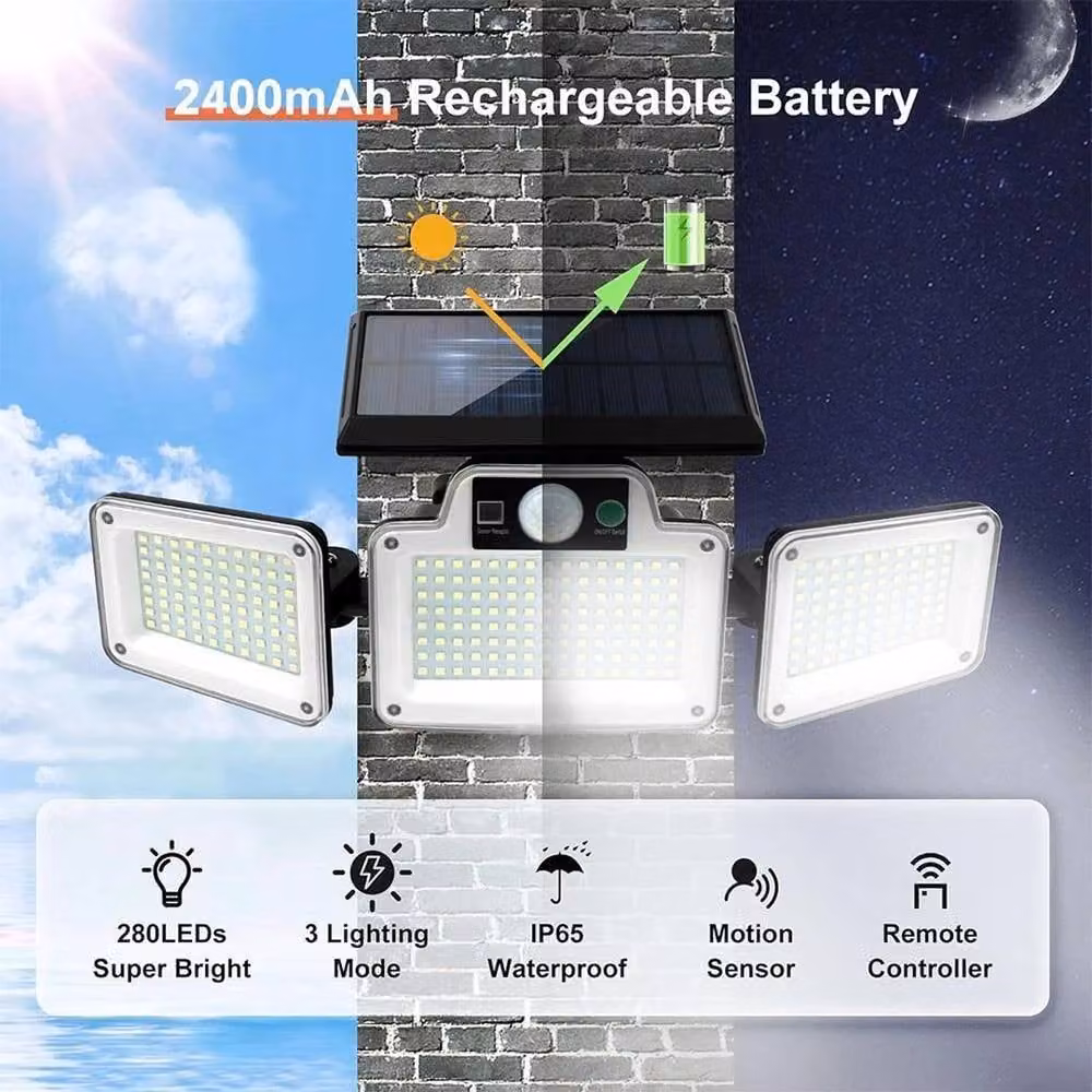 SPETLEK 280 LED Solar Powered Outdoor Flood Light with Motion Sensor and 3 Adjustable Heads in Black – 4