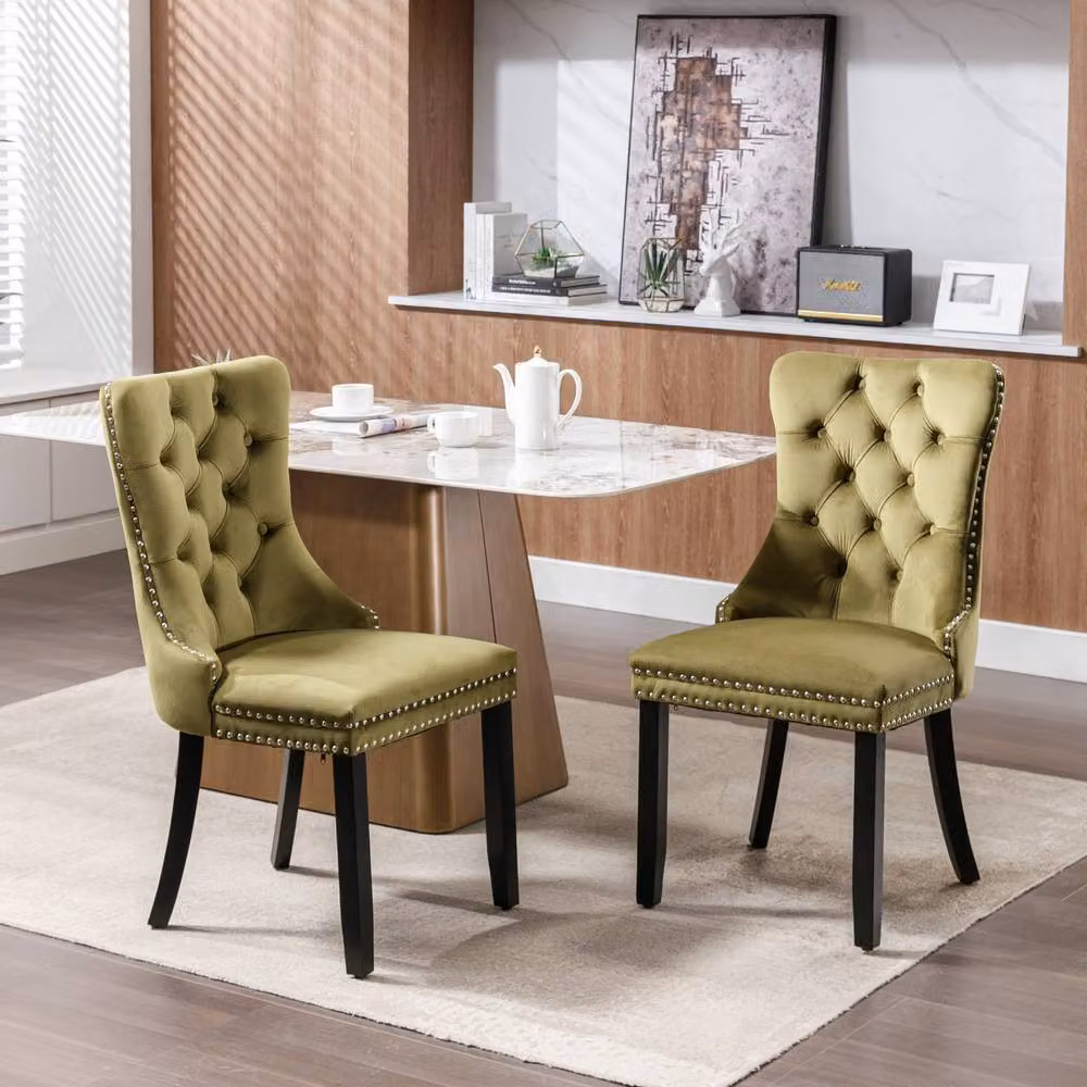 Modern Home Touch Romsey Set of 4 Green Velvet Upholstered Dining Chairs with Oak Legs and Knocker Ring Back – 2