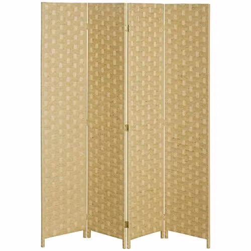 HOMCOM 4-Panel Folding Room Divider Privacy Screen in Brown with Retro Wood and Rattan Design, H: 169.5 cm x W: 159.5 cm – 1