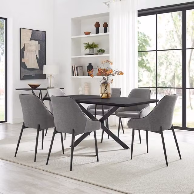 FurnitureboxUK Leonardo Black Top Dining Table and 6 Beaumont Grey Fabric Chairs – 1