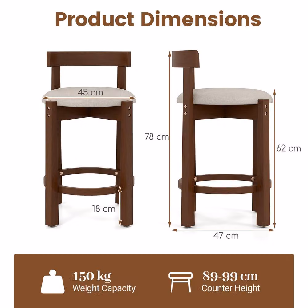 Gymax 2 Pack Brown Linen Upholstered Bar Stools with Rubberwood Legs, Counter Height: 62 cm – 2