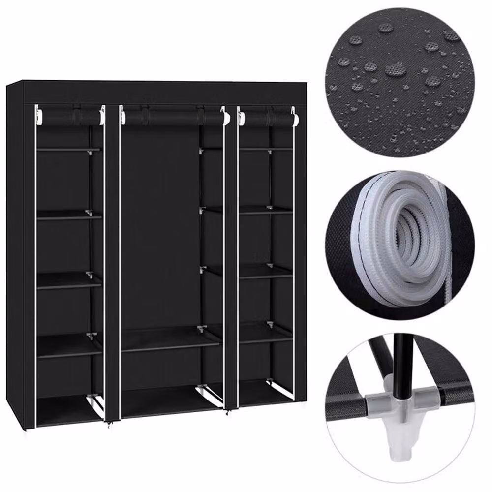 VOGREX Black Fabric Wardrobe with Hanging Rod and Roll Shutter – 5