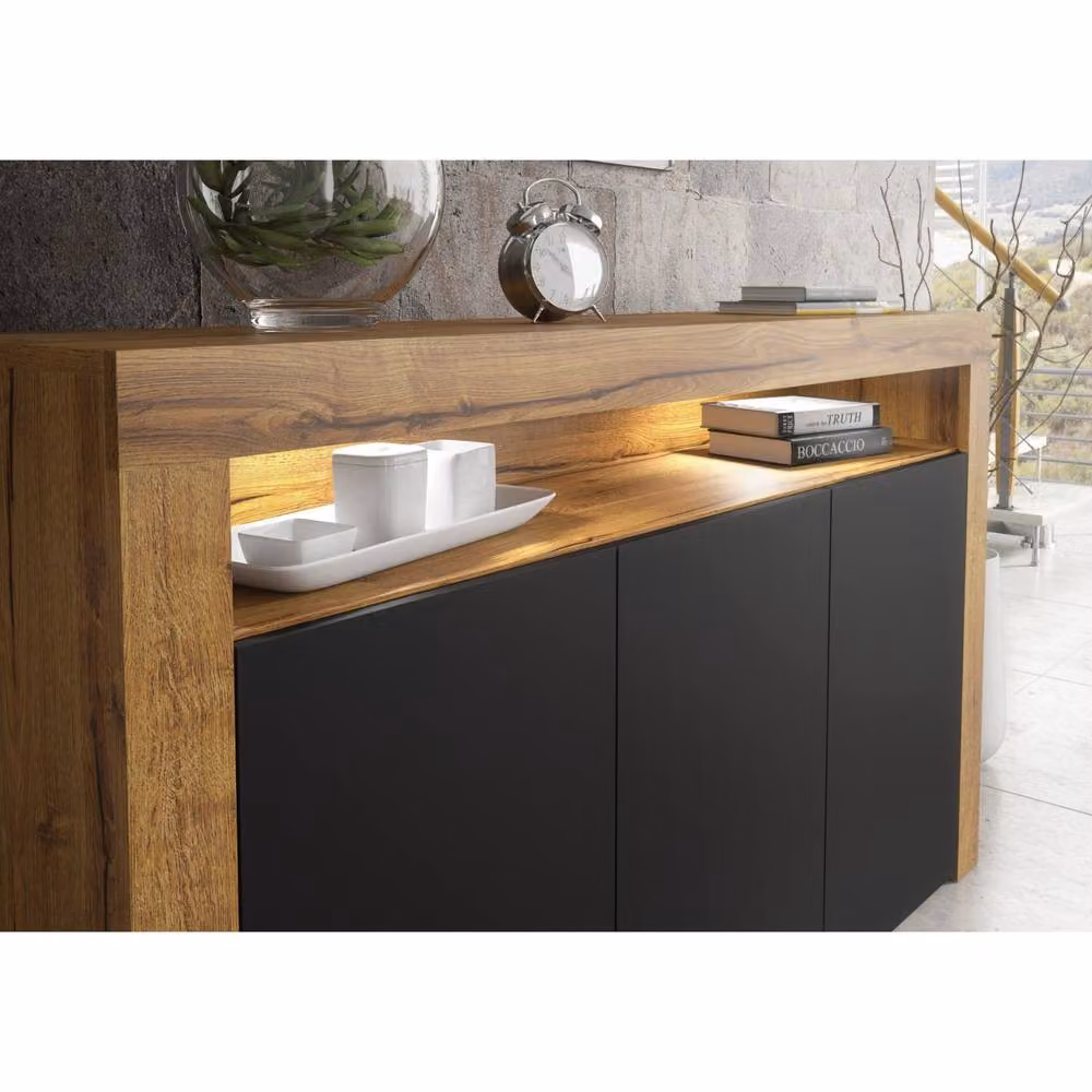 Mex Furniture LTD Aether Sideboard in Dark Oak and Black Matt with Integrated LED Lighting, W: 155 cm, H: 92 cm, D: 40 cm – 4