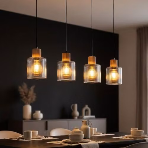 Netlighting Aleidis Industrial Pendant Light with Brown Wood and Black Metal in Black and Brown with Transparent Glass Spheres, 4x E27, Height: 120 cm – 2