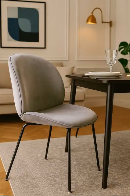 Fusion Living Luxurious Velvet Dining Chair with Black Metal Legs in Light Grey – 1