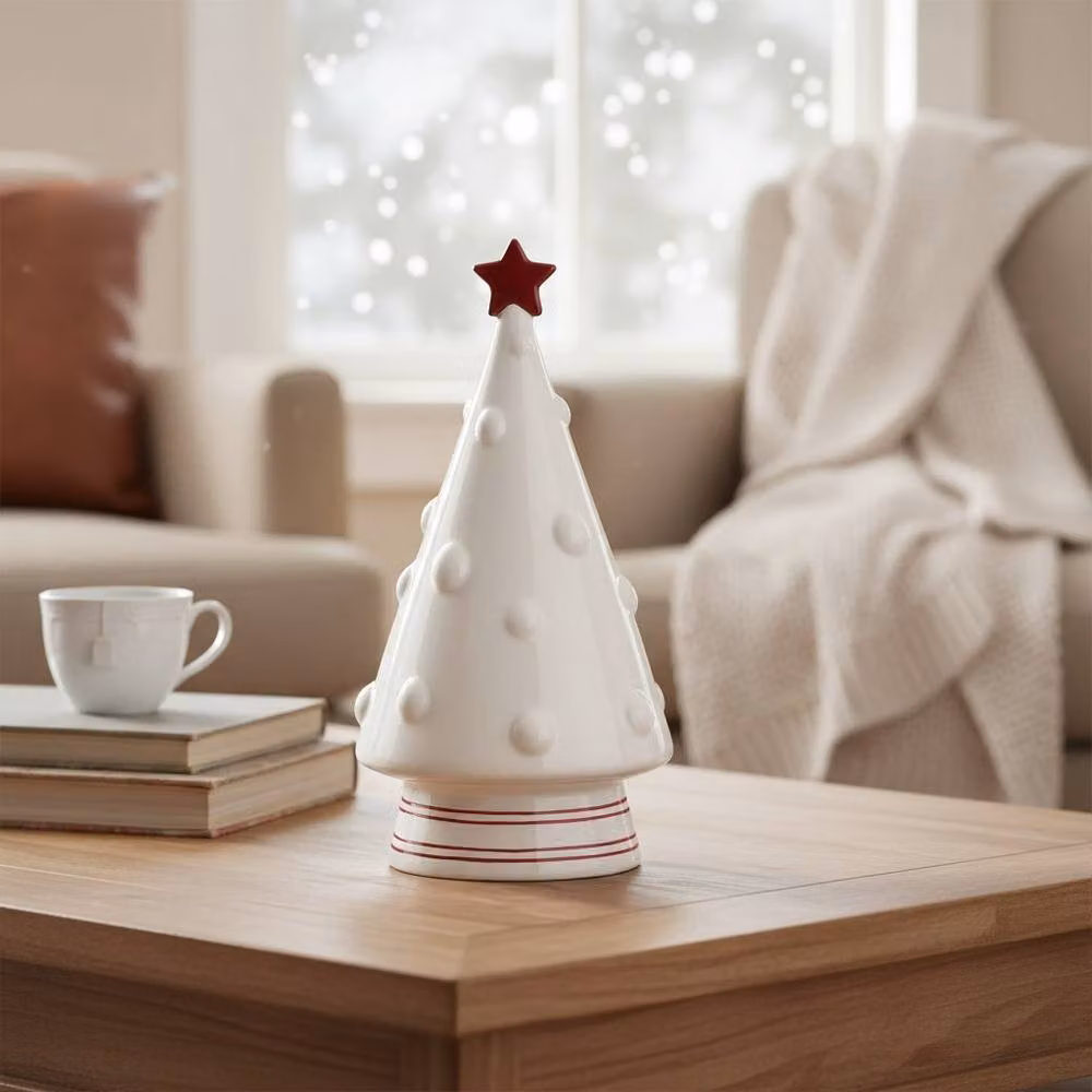 Four Candle White Ceramic Christmas Tree Decoration with Red Star, Height: 22 cm – 2