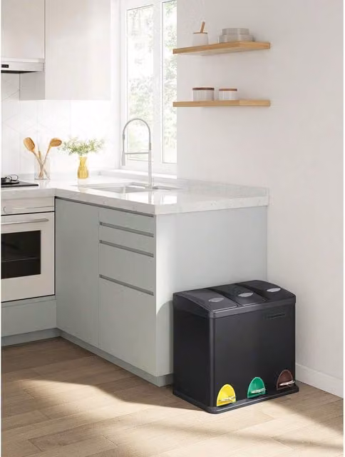 SONGMICS 3-in-1 Kitchen Waste Sorting Bin with Pedal, Black