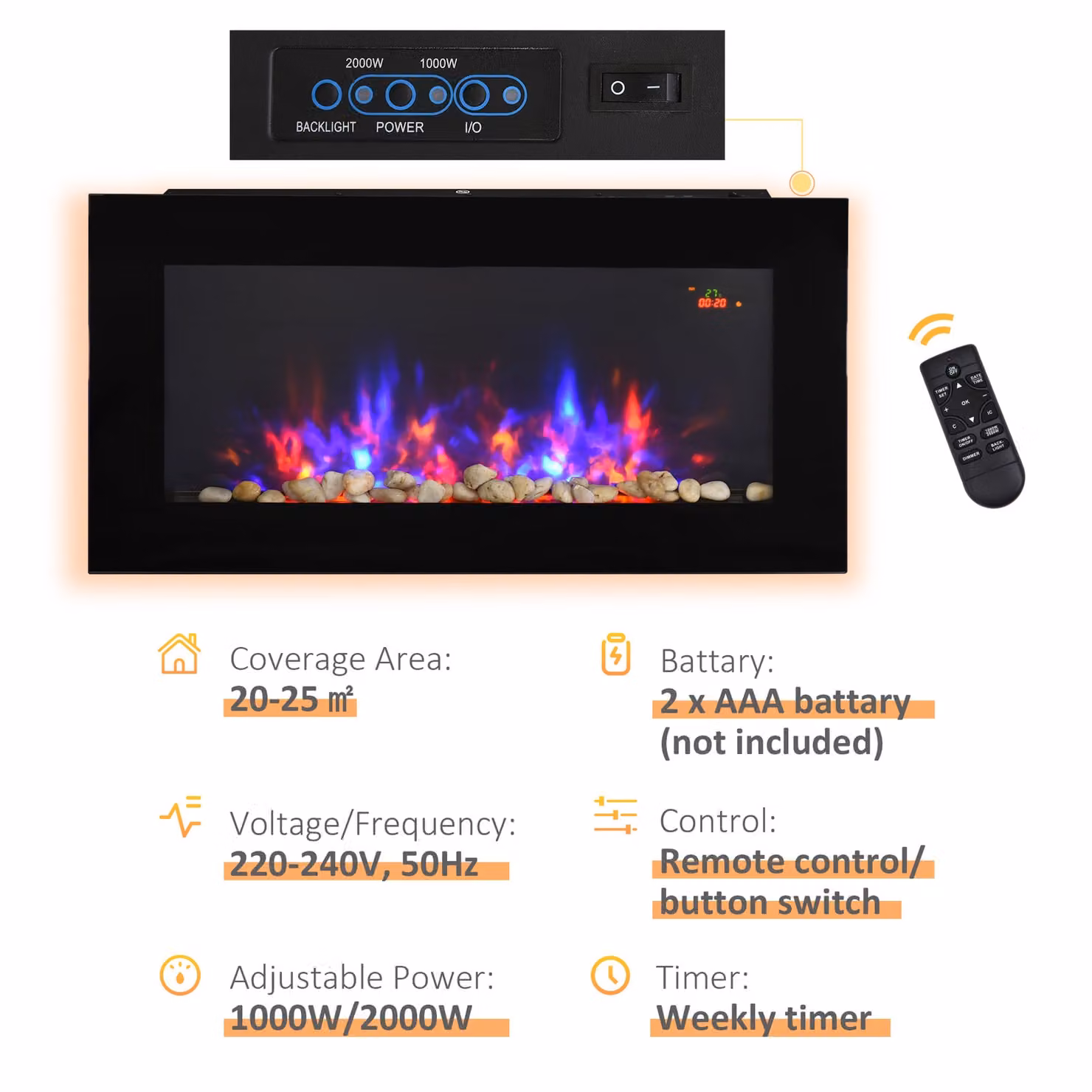 HOMCOM 2000W LED Electric Fireplace with Remote Control and Timer in Black – 5