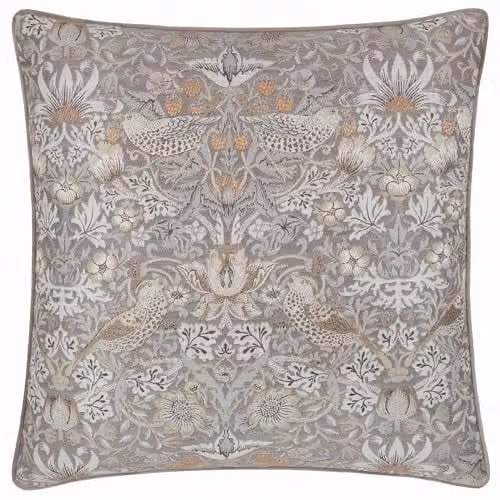 Morris & Co. Strawberry Thief Feather Rich Filled Cushion, Jacquard Velvet Floral Pillow in Beige, W/D/H: 55 x 55 x 55 cm