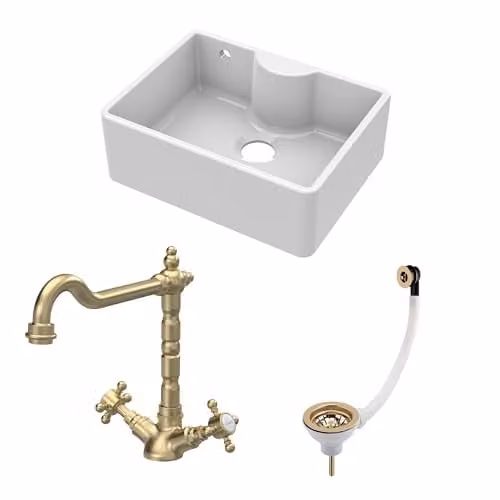 Balterley White Ceramic Butler Sink Single Bowl with Mono French Classic Crosshead Mixer Tap and Waste in White and Brushed Brass