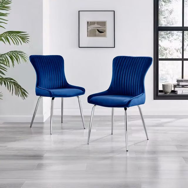 FurnitureboxUK Nora Modern Dining Chairs in Blue Velvet with Silver Metal Legs, Set of 2