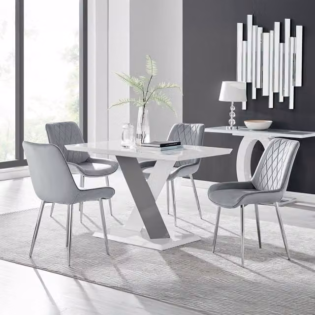 Furniturebox Monza White High Gloss Rectangular Dining Table with 4 Pesaro Silver Grey Chairs