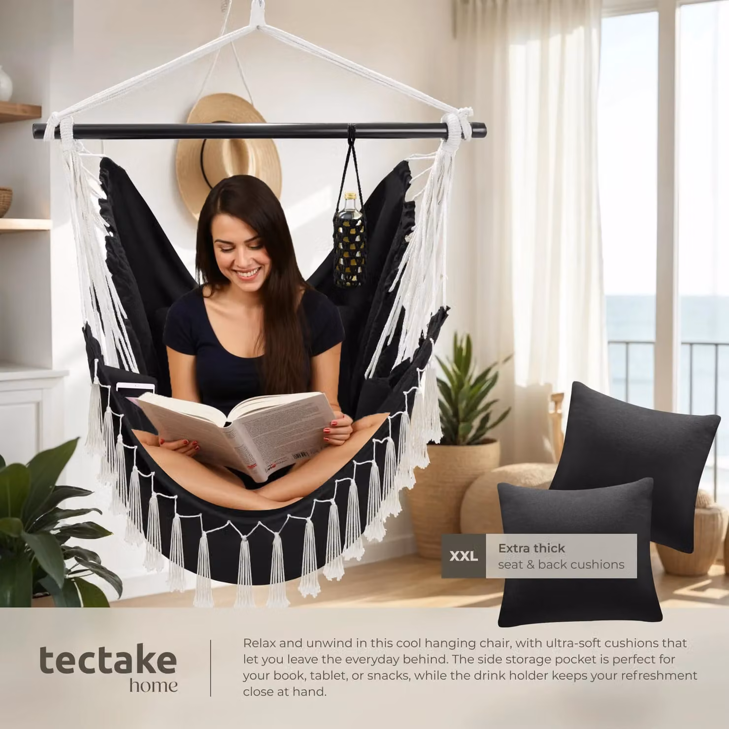 tectake Malika Boho Style Hanging Chair with Stand in Black – 4
