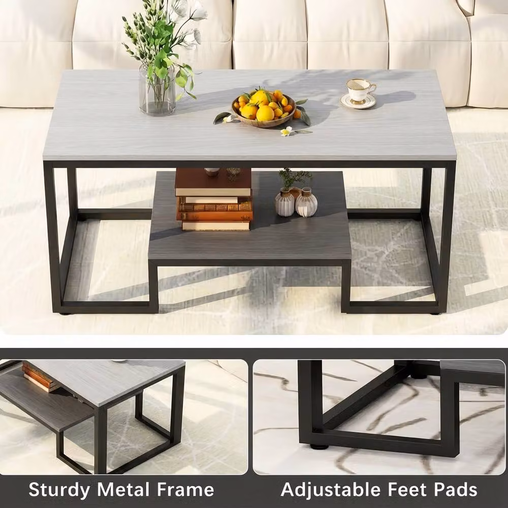 Alivio Industrial 2-Tier Rectangular Coffee Table with Wood Top and Metal Frame in Grey and Black, W/D/H: 100 x 50 x 48 cm – 3
