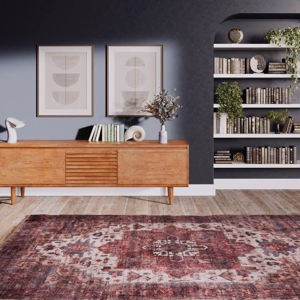 Kukoon Plum Distressed Vintage Living Room Area Rug in Red, W: 80 cm, L: 300 cm – 3