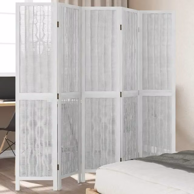 Berkfield Home 5 Panel Room Divider in White Solid Paulownia Wood – 1