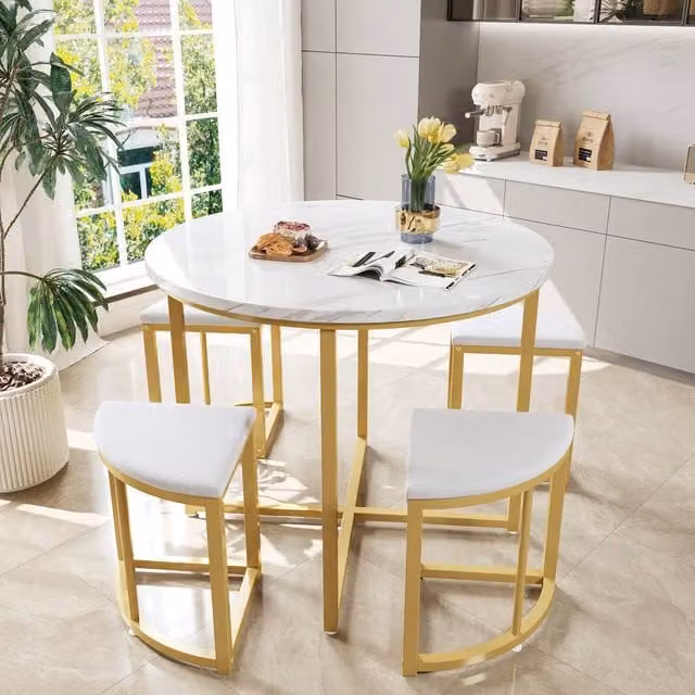 Fascinate Modern Round Dining Table Set with White MDF Top, Gold Frame and Velvet Chairs