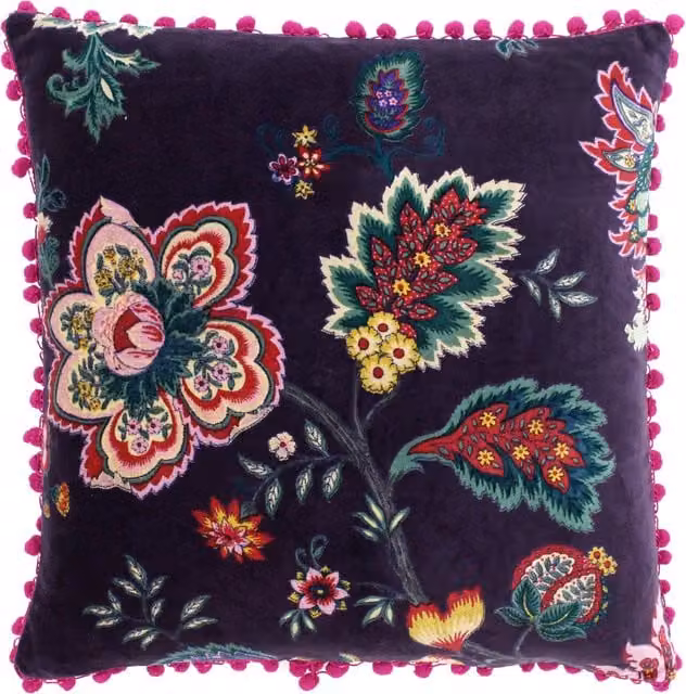 Paoletti Palampur Floral Square Cushion in Purple and Black, W/D/H: 50 x 50 x 50 cm