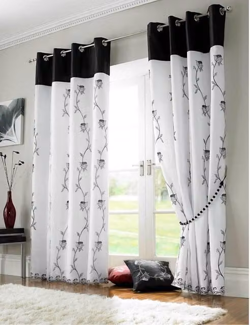 Livinluxury Tahiti Floral Lined Voile Eyelet Curtains, Black and White, Width: 183 cm