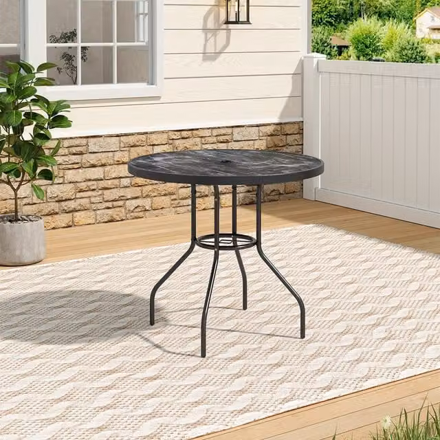 Livingandhome Abstract Minimalist Round Garden Table with Glossy White and Black Tempered Glass and Metal Base