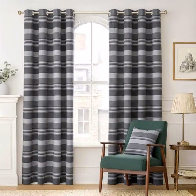 Homescapes Morocco Striped Cotton Curtain Pair, Grey, W: 167 cm, H: 182 cm