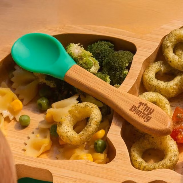 Tiny Dining Children's Bamboo Spoons with Silicone Tips, Green, Pack of 2, 14 cm