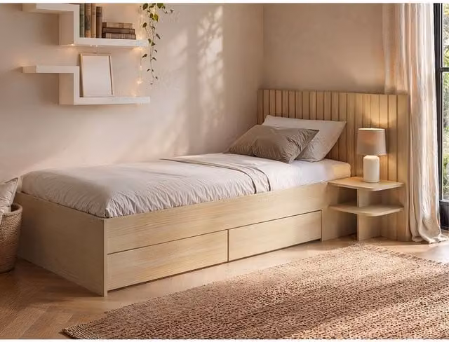 SOLACE+CO Taylor Single Bed Frame with Drawers and Integrated Bedside Table in Oak