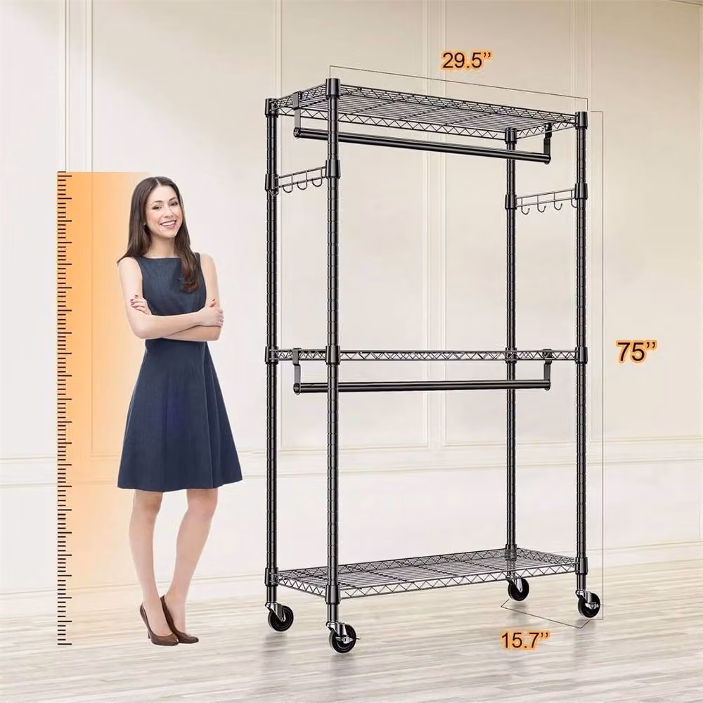 Nordara Heavy Duty Rolling Garment Rack with 3 Tiers of Adjustable Metal Wire Shelving in Black – 2