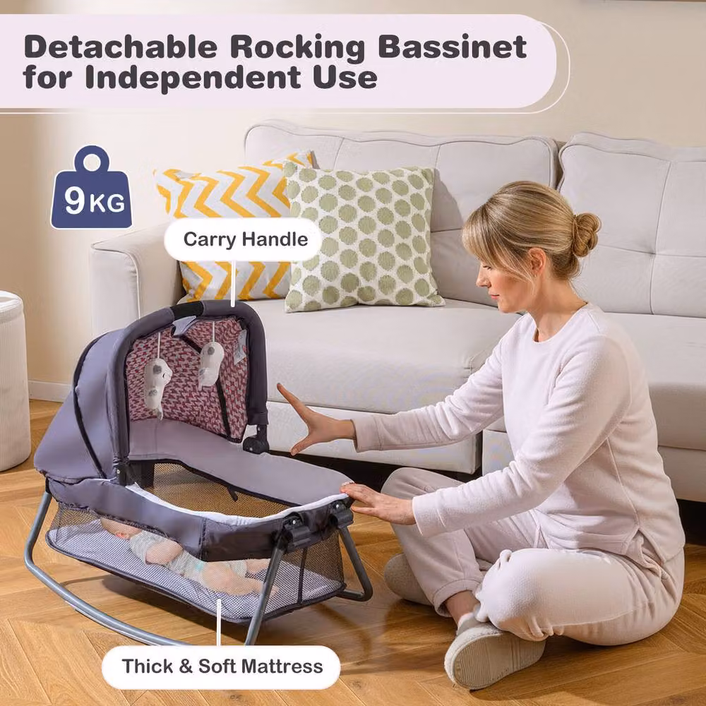 Costway Foldable Pack and Play Portable Baby Playard with Rocking Bassinet and Music Box in Pink – 7