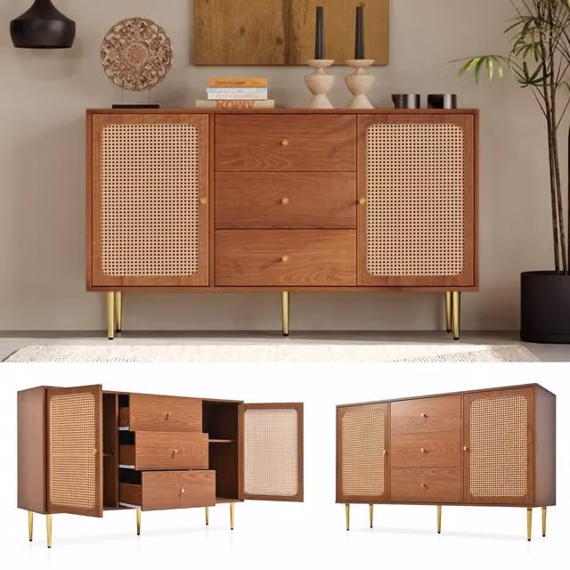 Matteo Walnut Rattan Sideboard Cabinet with 2 Doors and 3 Drawers in Brown and Gold