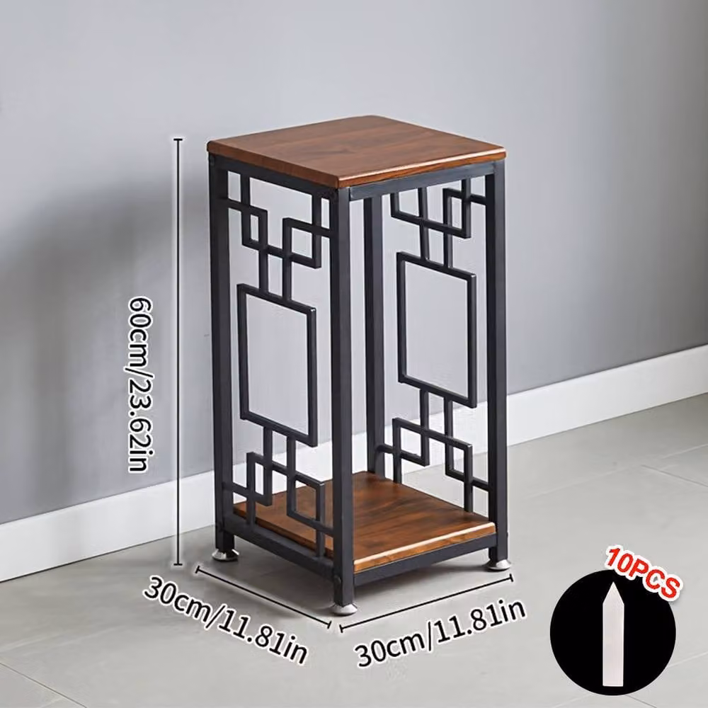EONLION Double Basin Metal and Wood Flower Rack in Brown with Adjustable Base – 1