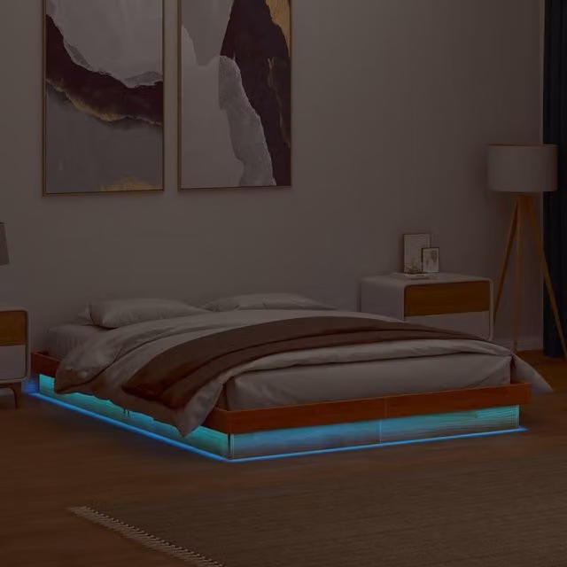Berkfield Home King Size Solid Wood LED Bed Frame in Wax Brown with Under-Bed Lighting and USB Charging Port, W/D/H: 150 x 200 cm